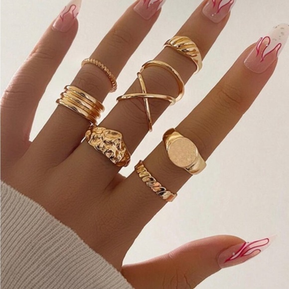 Gold 8pc Textured Ring Set - Picture 1 of 2